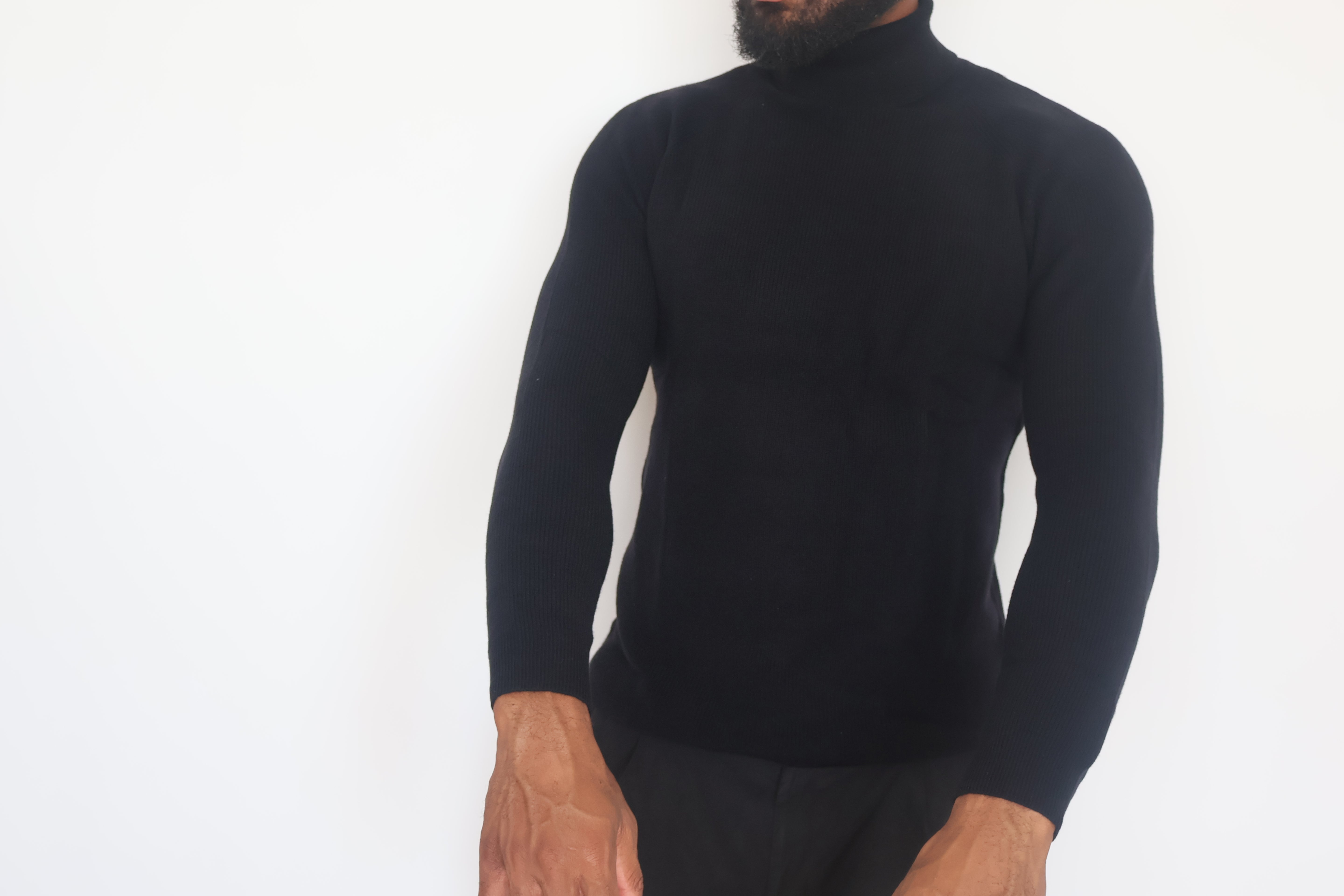 Men's 90% Merino Wool 10% Cashmere  Black Turtleneck Sweater Athletic Fit Tall Size
